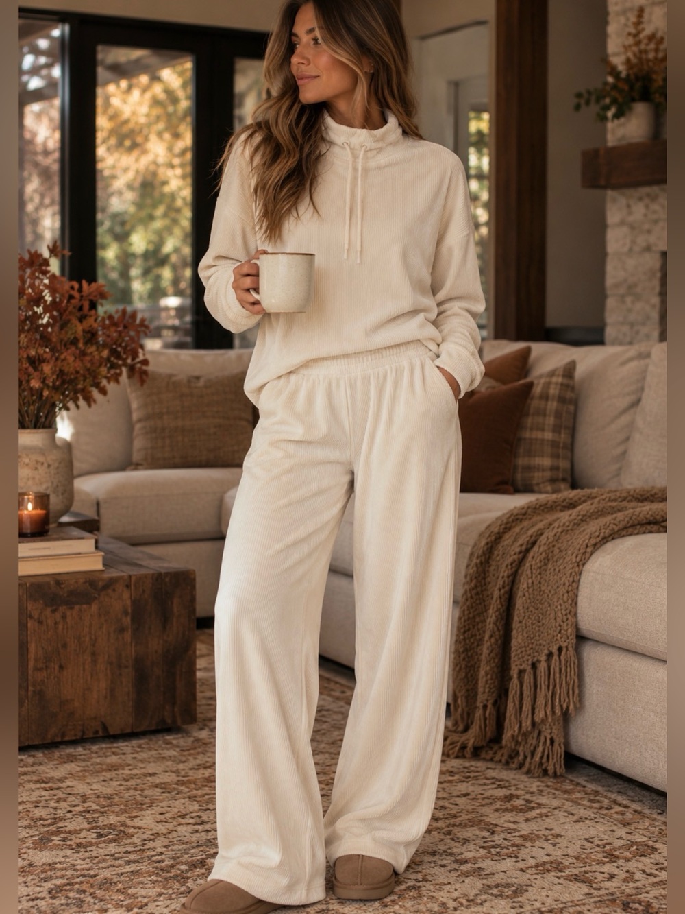 NWT Lou & Grey Ribbed Mock Neck Pullover & Wide Leg Matching Set Size M